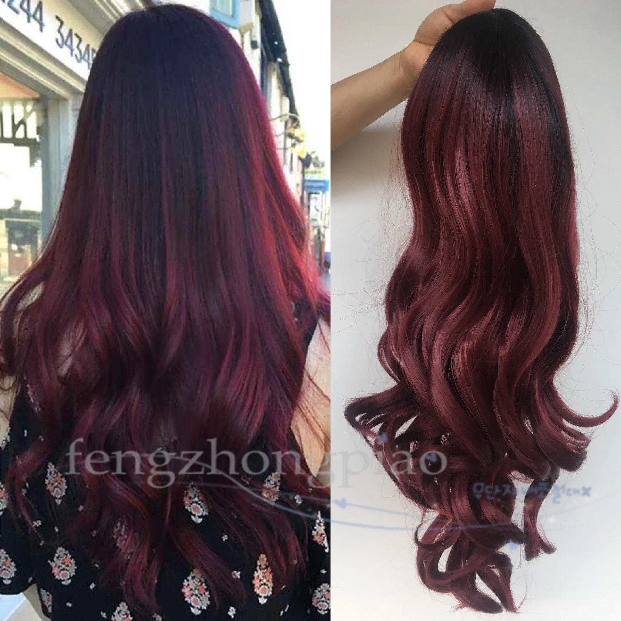 FZP Pelucas de mujer Pelucas de cabello natural Pelucas sintéticas largas y rizadas Ombre Vino rojo fibra ondulada resistente al calor peluca rizada rizada cosplay Venta al por mayor