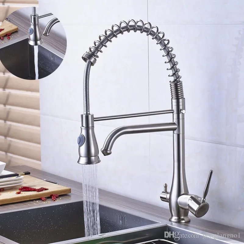 Spouting Spring Brushed Nickel Two Spout Spring Pure Water Spout Kitchen Faucet 3 Way ...