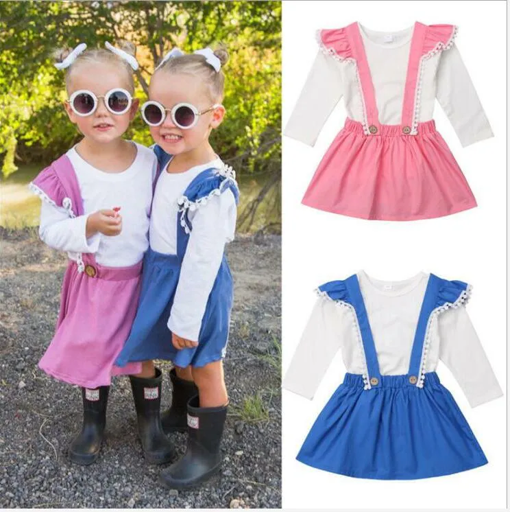 Barnkläder Baby Girls Lace Suspendern Kjol Kläder Barn Långärmad Top Mini Dresses Passar Vår Höst Kläder Set D827