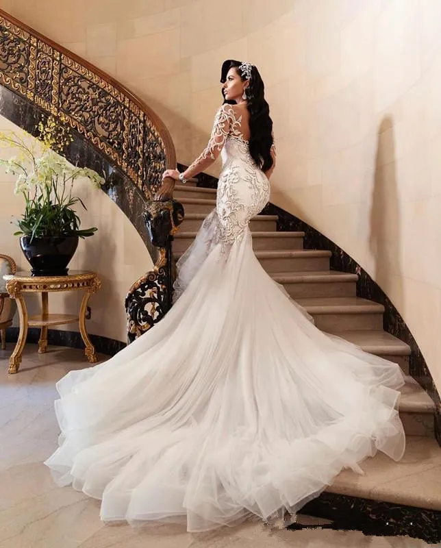 2020 Luxurious Arabic Arabic Mermaid Wedding Dress With Beading Embroidery Sheer Neckline And Long Sleeves Vestido246E From Lkiuj86 241.21 DHgate.Com