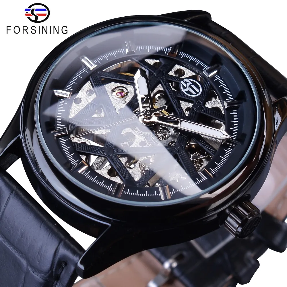 Forsining Full Black Fashion Classic Mechanical Wristwatches for Men Black Band Luminous Hands Heren Horloge Skeleton Clock Male