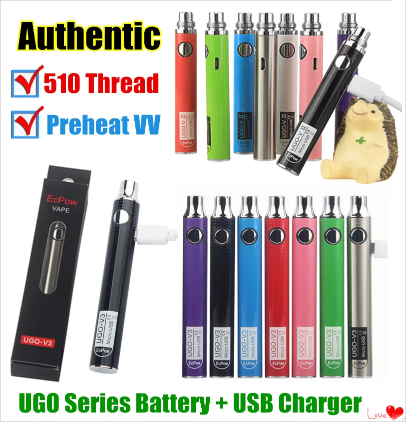 Äkta EVOD VV Twist ego 510 batteri UGO-V II 2 Vape Pen UGO V3 Variabel spänning förvärme batterisatser Micro USB Passthrough batteri ecigs
