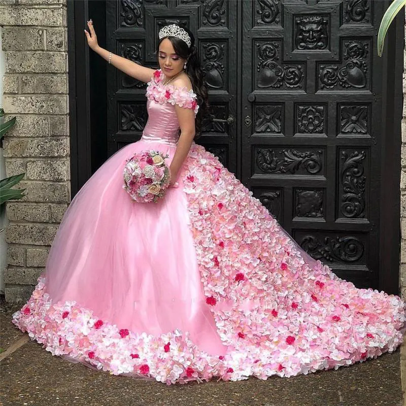 Wunderschönes schulterfreies Quinceanera-Kleid mit 3D-Blumenmuster für das Sweet 16-Ballkleid in Rosa für 15 Jahre