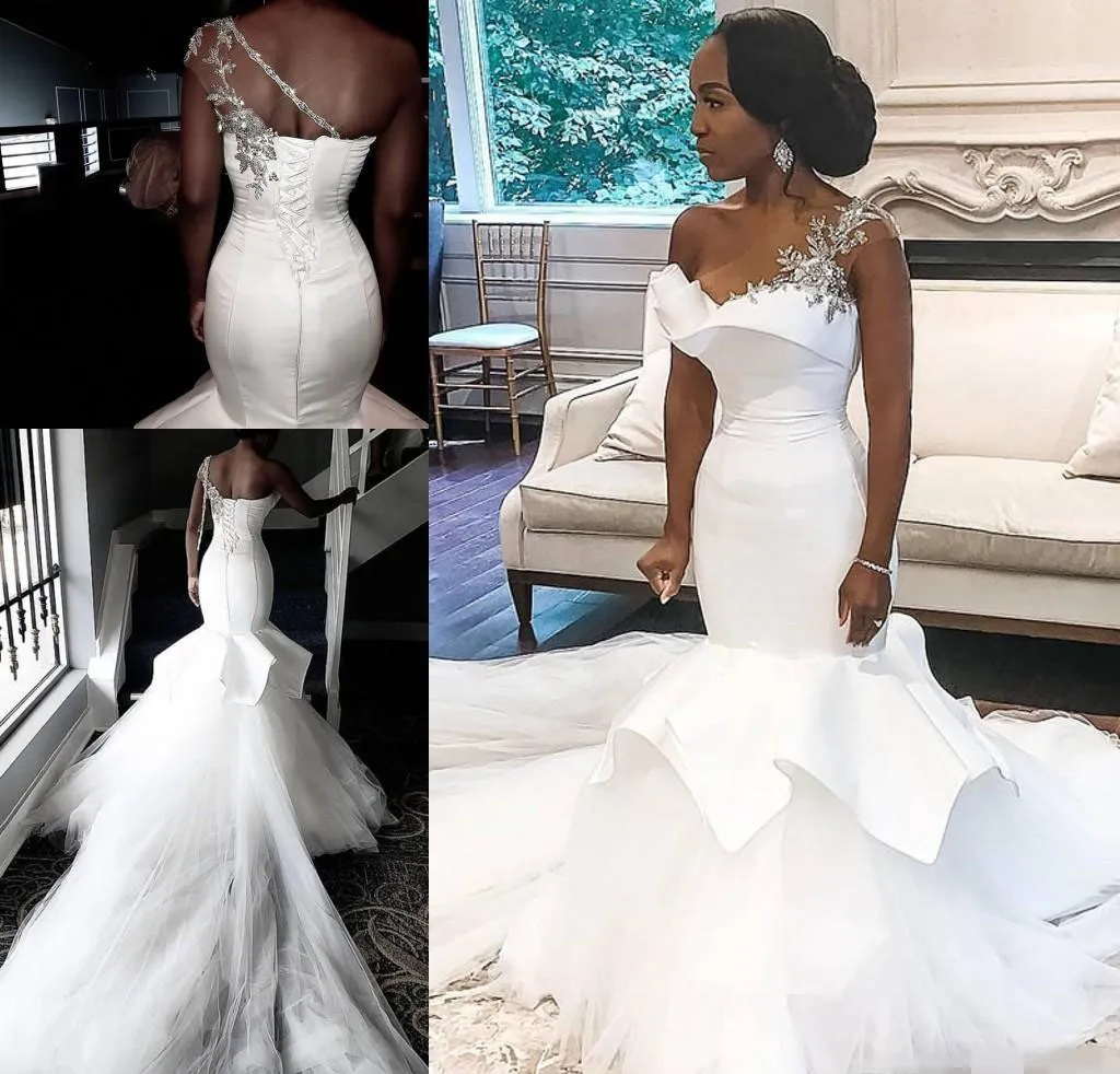 Abiti da sposa africani di alta qualità Sirena monospalla con lacci sul retro Abiti da sposa da sposa su misura Taglie forti