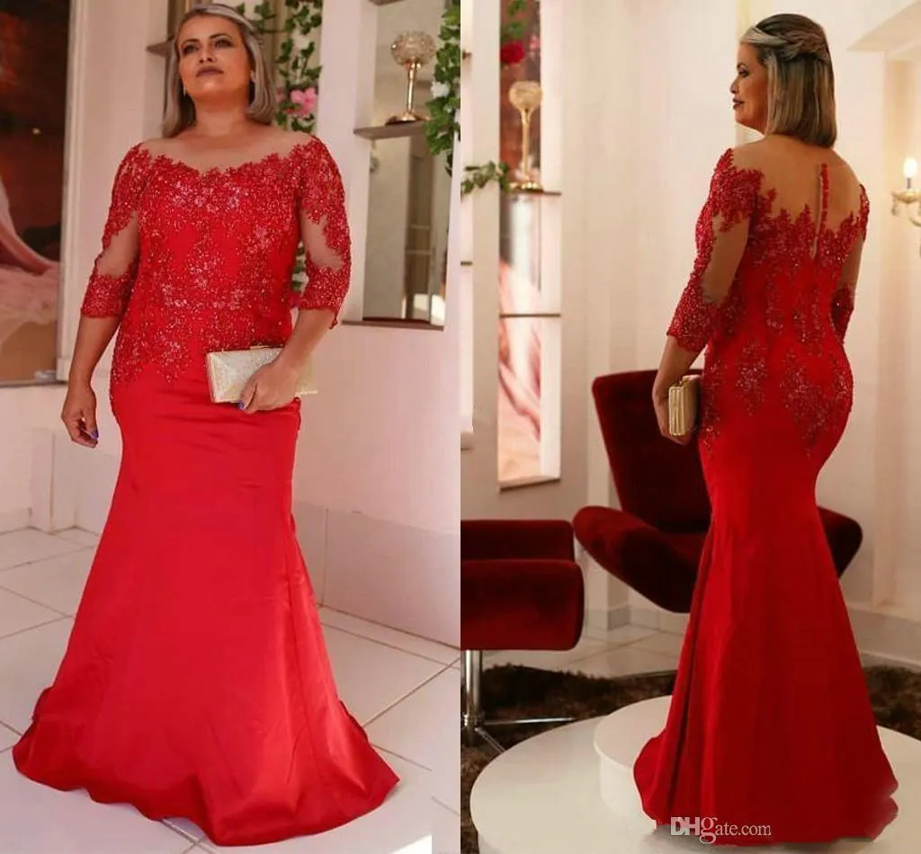 Elegante plus size zeemeermin moeder van de bruid jurken met mouwen kant volledige lengte knop terug rode vrouwen moeder formele feestjurken 2020