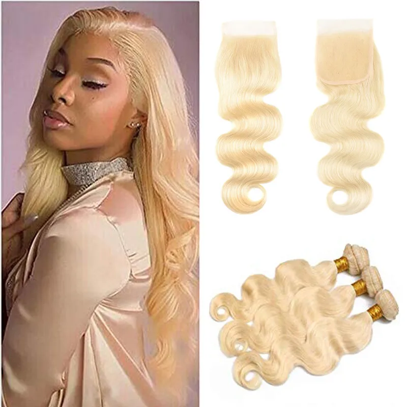 613 Blonde Bundles with Frontal Body Wave 3 Bundles with 4*4 Lace Closure Pre Plucked Brazilian Virgin Human Hair