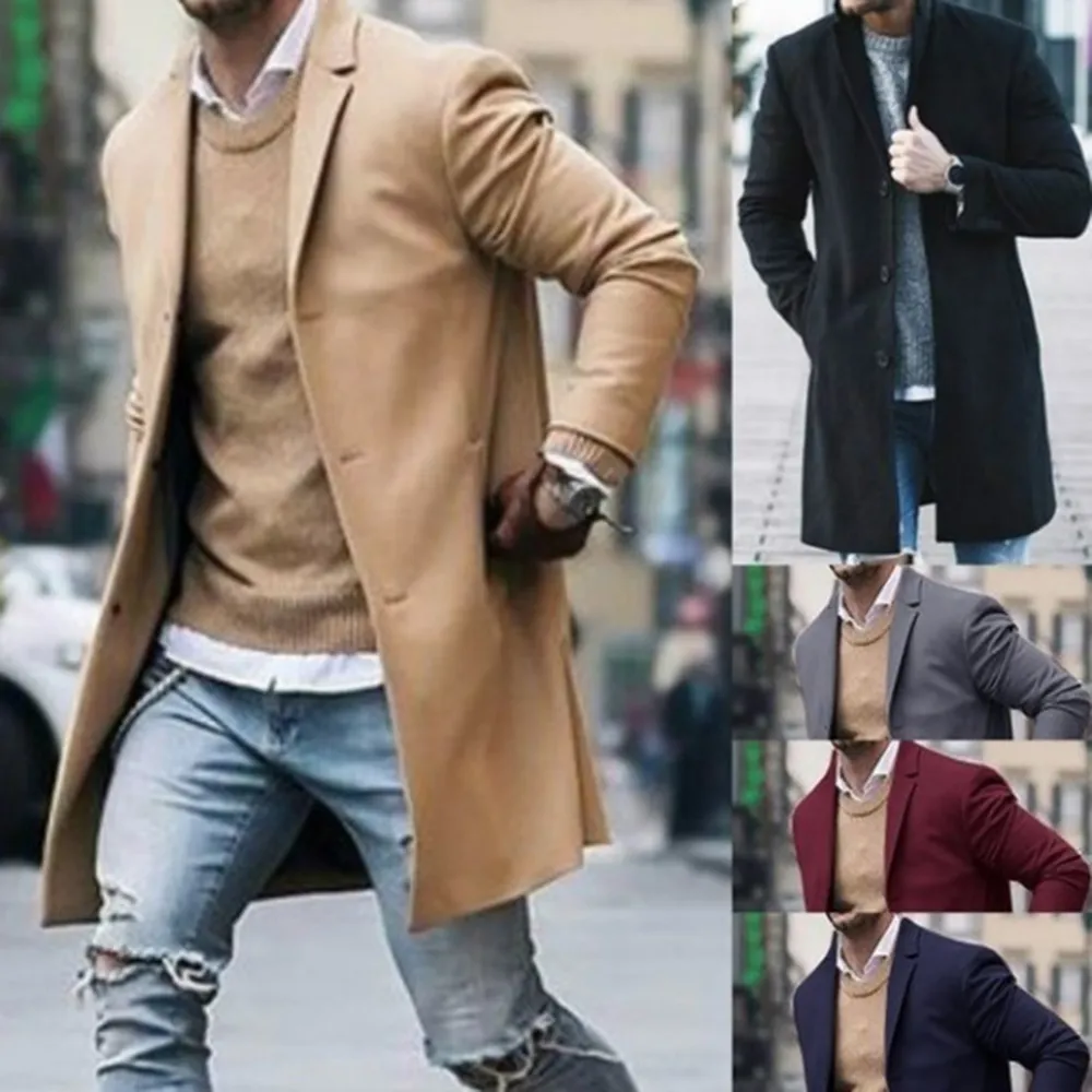 Lång jacka män mode vinter trench coat män långa överrock klassiska jackor solid smal passform outwear veste longue homme