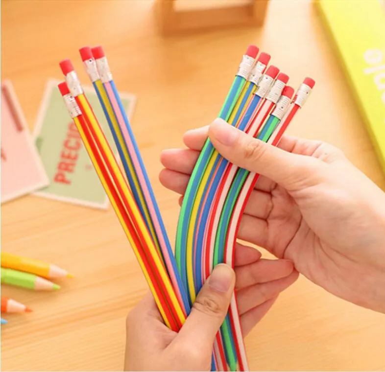 Wholesale cheap price high quality soft lead plastic pencils 12 colos stripes pencil with red erazer for gift playing testing