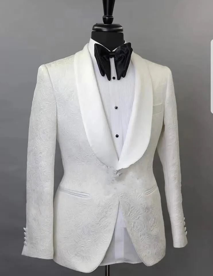 Guapo un botón marfil Paisley novio esmoquin chal solapa hombres trajes 2 piezas boda/graduación/cena Blazer (chaqueta + Pantalones + corbata) W889