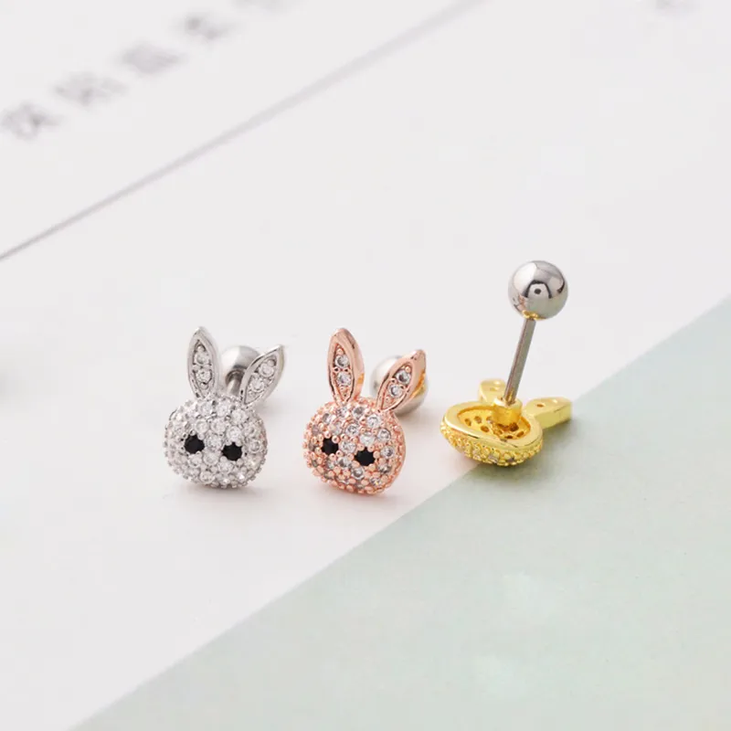 Hip Hop Cute Rabbit Animal Screwback Stud Earring Ear Bone Nail Jewelry Inget blekning Inga allergier Säker sömn utan att plocka bling zirkonsmycken