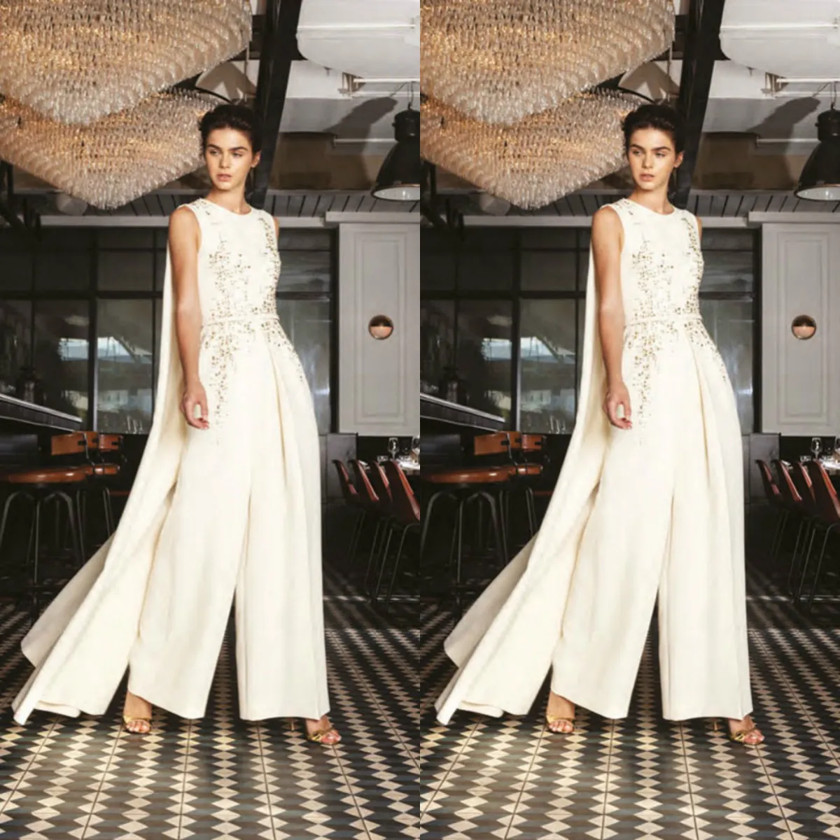 Elegante witte jumpsuits prom jurken lange kralen juweel nek Dubai Arabische beroemdheid avondjurken met cape pantsuits formele pageant jurk