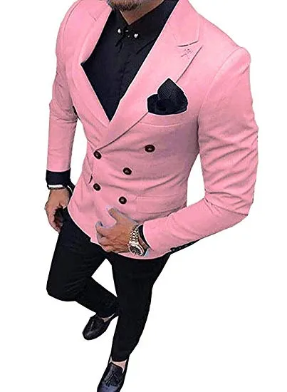 Double-Breasted Pink Groom Tuxedos Peak Lapel Men Suits 2 pieces Wedding/Prom/Dinner Blazer (Jacket+Pants+Tie) W827