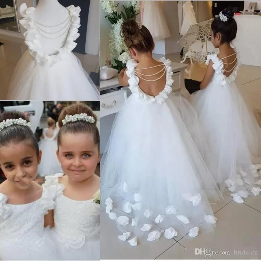 Flower Girls Dresses For Weddings Lace Tulle Pearls Backless Princess Children Wedding Birthday Party Dresses