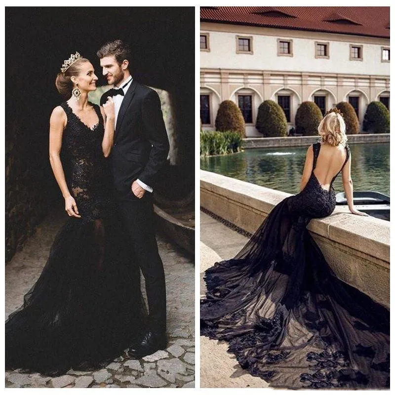 Sexy Backless laço preto Sereia Prom Formal vestidos de noiva personalizado Vestidos De Casamento Jardim Formal vestido longo