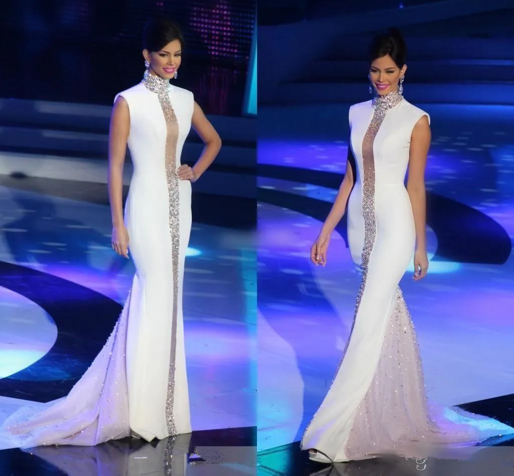 Cristales Miss Universo vestidos de noche blanco largo con cuentas de cuello alto manga del casquillo Cristales Miss Universo vestidos de noche blanco largo con cuentas de cuello alto manga del casquillo