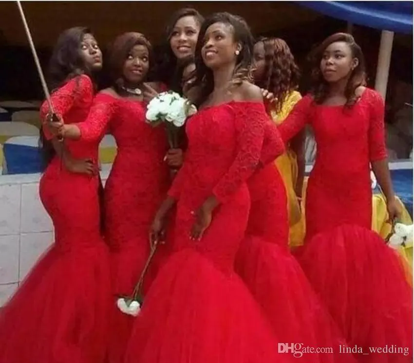 2019 Pas Cher Africain Rouge Sirène Demoiselle D'honneur Robe Dentelle Jardin Pays Formelle Fête De Mariage Invité Demoiselle D'honneur Robe Plus La Taille Sur Mesure