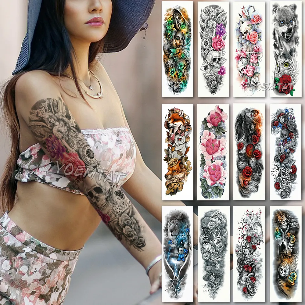 Grote Arm Mouw Tattoo Waterdichte Tijdelijke Tattoo Sticker Skull Angel Rose Lotus Mannen Volledige Bloem Tatoo Body Art Tattoo Girl D19011202