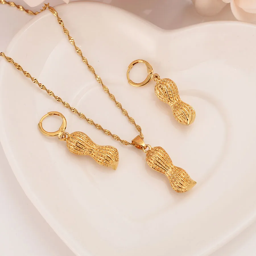 Dubai Indien Peanut Vintage Dangle Örhängen Halsband Smycken Satser 22 K 23 K 24 k Gul Fine Gold GP Kvinnor Flickor Party Smycken