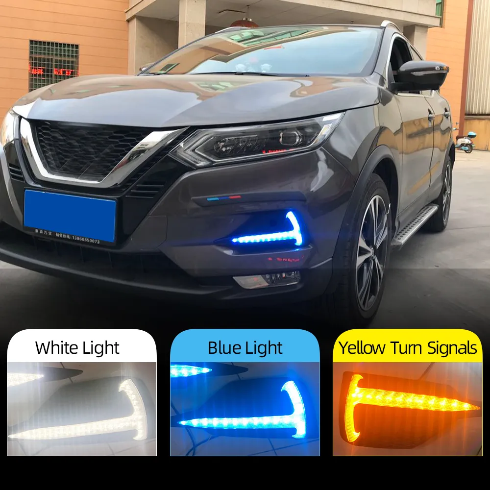 1Pair Car LED Daytime Running Light For Nissan Qashqai 2019 2020 2021 2022 Dynamic Turn Yellow Signal DRL Fog Lamp