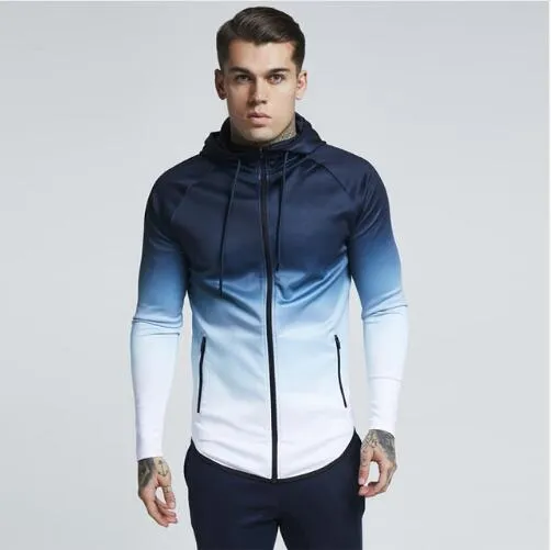 Casual Running Jacket Män Zipped Gradient Fitness Coat Hooded Jogging Vandring Sweatshirts Gym Sport Jacka Basketbollar Kläder