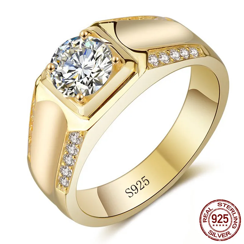 100% Originele Mannen 925 Zilveren Ring Goud Kleur Met 7mm CZ Diamond Engagement Trouwringen voor Mannen Fijne sieraden Gift YR0116