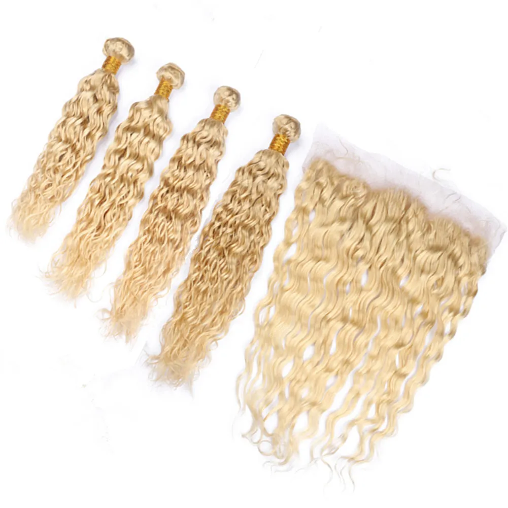 # 613 Blonde Braziliaanse natte en golvende menselijke haar 4 stks bundels met frontale watergolf blonde 13x4 kant frontale sluiting met weefsels 5pcs lot