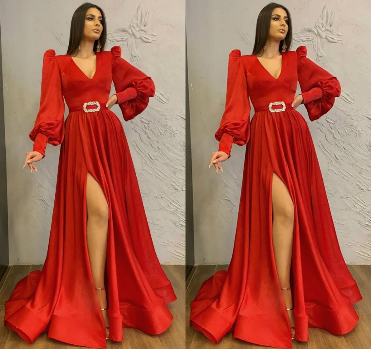 Modest A Line Vestido de fiesta de noche rojo Cuello en V Manga larga Satén Vestido de fiesta Longitud del piso Sash Split robes de soir￩e