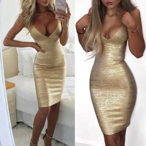 2019 New Sexy Women Summer Gold Dress V Neck Clubwear Strappy Sleeveless Bodycon Dress Evening Party Beach Slim Short Mini From 13 44 DHgate