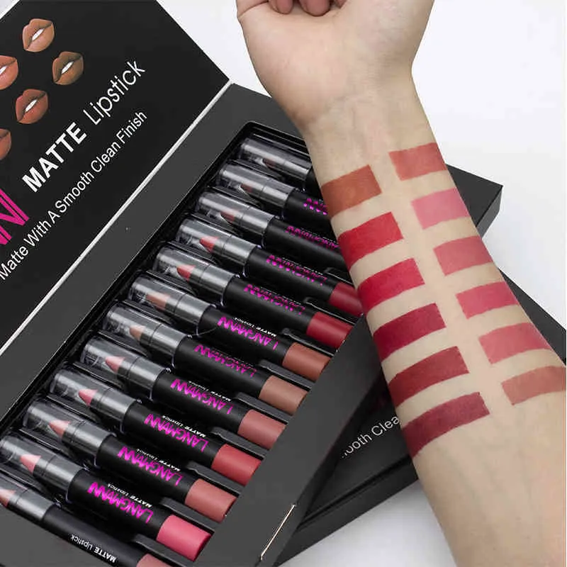 Produktbild von LANGMANNI 12 Farben Samt-Matte Lippenstift Set – Hochpigmentiert Mit Schrägspitze In Geschenkbox