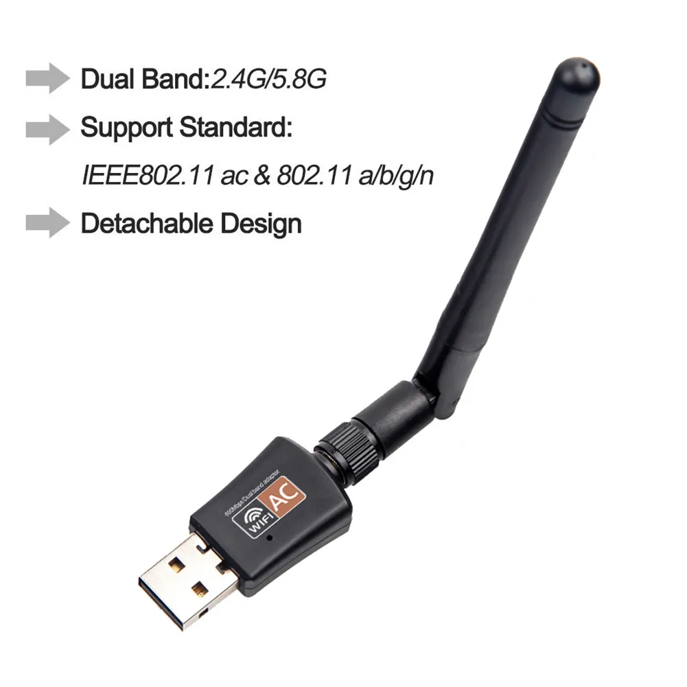 New 600 Mbps Dual Band 2.4/5.8Ghz w/Antenna 802.11AC Wireless USB WiFi Network Adapter