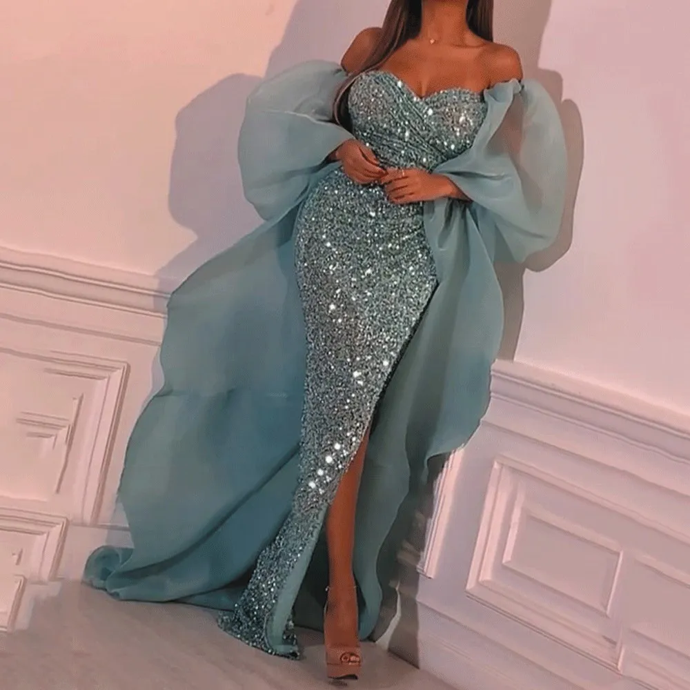 패션 청록색 Sequined Mermaid Prom Dresses 2020 섹시한 하이 사이드 스플릿 긴 댄스 파티 가운 푹신한 전체 소매 공식 드레스
