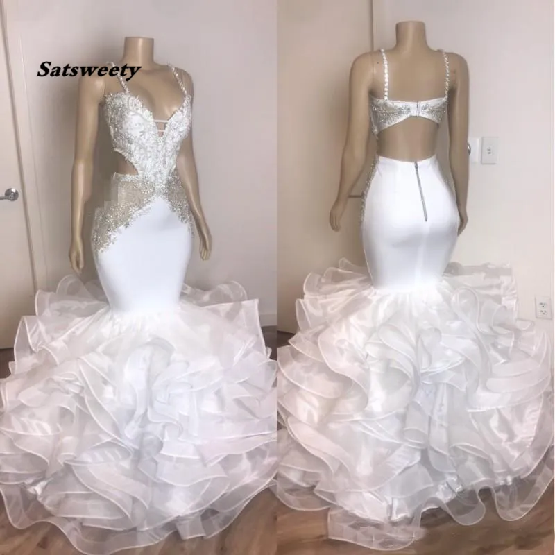 White Organza Ruffles Prom Dresses With Applique Lace Spaghetti Straps Mermaid Evening Gown Plus Size Party Gowns