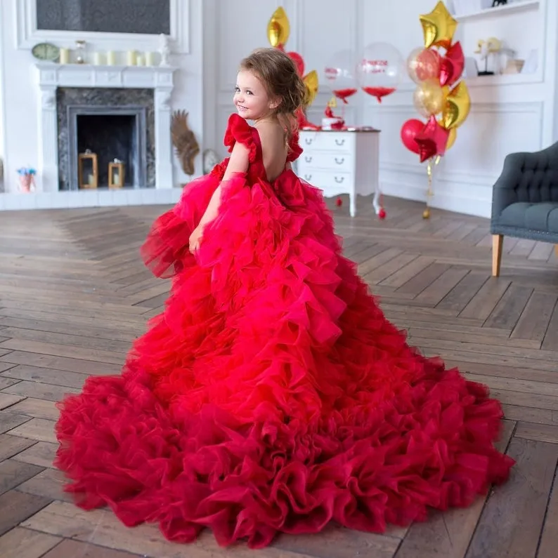 Kırmızı Yüksek Düşük Sırtsız Çiçek Kız Elbiseleri Düğün Bir Çizgi Çürütülen Toddler Pageant Gowns Organza Çocuk Balo Elbisesi 415