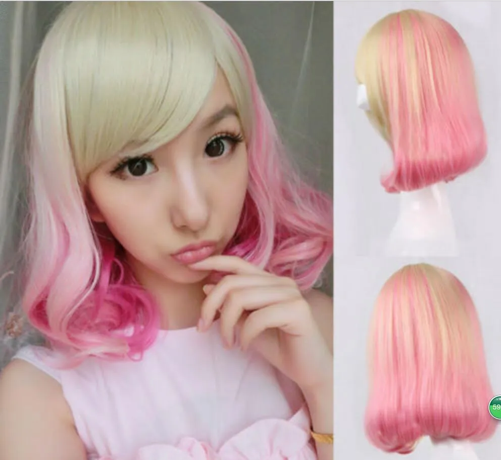 WIG New Cute Lolita Short Curly Cosplay Party Pink Ombre Blonde peluca