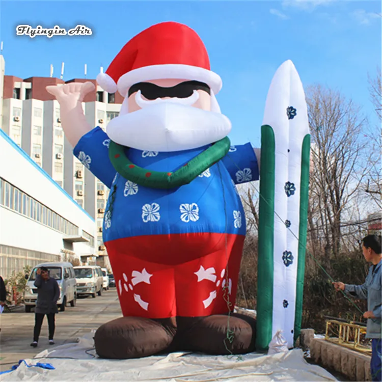 Outdoor Inflatable Father Christmas 3m/5m Height Blue Air Blown Santa Claus With A Surfboard For Club Xmas Decoration