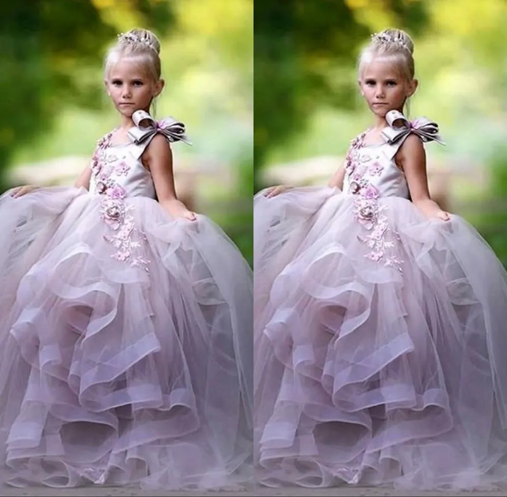 Pretty Princess Ball Gown Flower Girl Dresses 3D Floral Appliques Bow Gilrs Pageant Dress Fluffy Tulle Long Birthday Dress