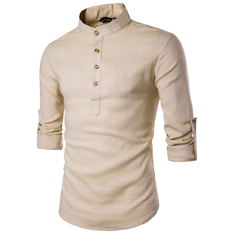 2019 hommes chemise décontractée à manches longues col Mandarin chemises couleur unie Style traditionnel chinois chemise coton mélangé grande taille