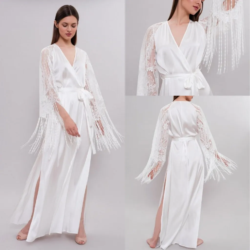 White Bridal Bathrobe Full Length Lingerie Nightgown Pajamas Sleepwear Tassel Luxury Dressing Gowns Housecoat Nightwear Lounge Wear