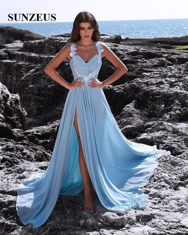 Strappy Pleated Chiffon Prom Dress with High Side Slit in Sky Blue