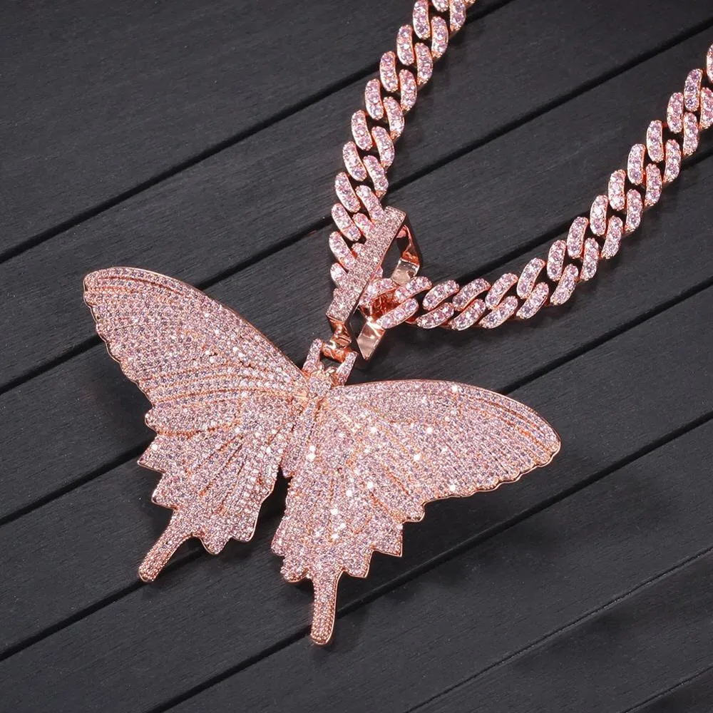 Hip hop pink blue butterfly cuban link chain necklace jewelry iced out zircon AAA