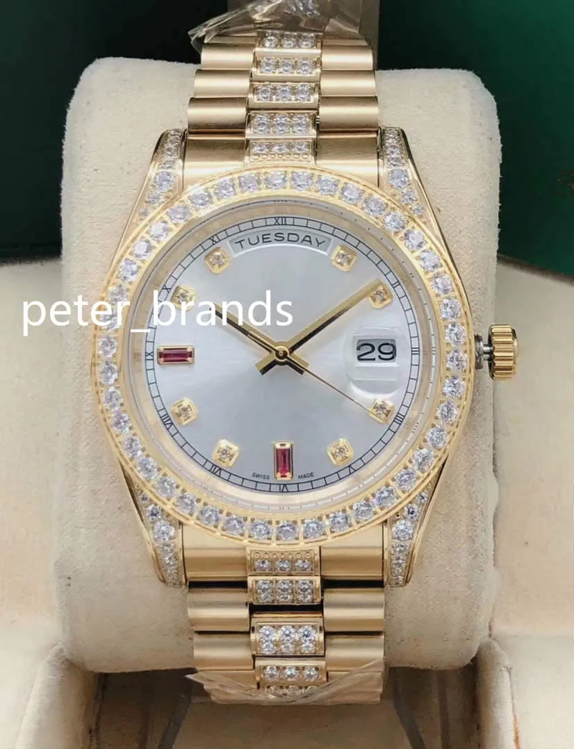 NEU eingetroffen: Automatik-Herrenuhr mit 41-mm-Goldgehäuse, Steinlünette und Diamanten in der Mitte des Armbands, Armbanduhren mit mehrfarbigem Zifferblatt 3421