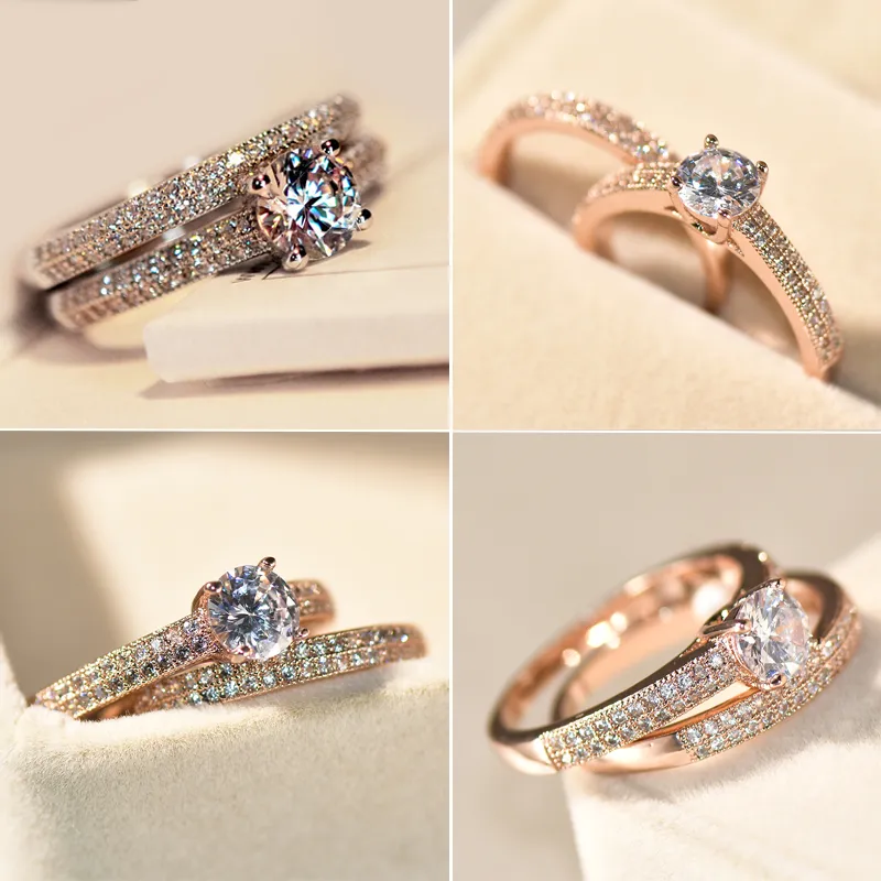 Бренд женский маленький круглый кольцо установить алмазное кольцо мода белое / розовое золото заполнено ювелирные изделия обещание обручальные кольца для женщин