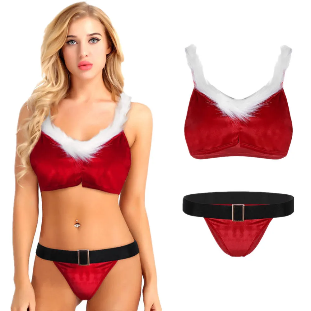 Рождественские женщины Сексуальное белье набор бархатного бюстгальтера Top Sworks Santa Cosplay Costume #R45