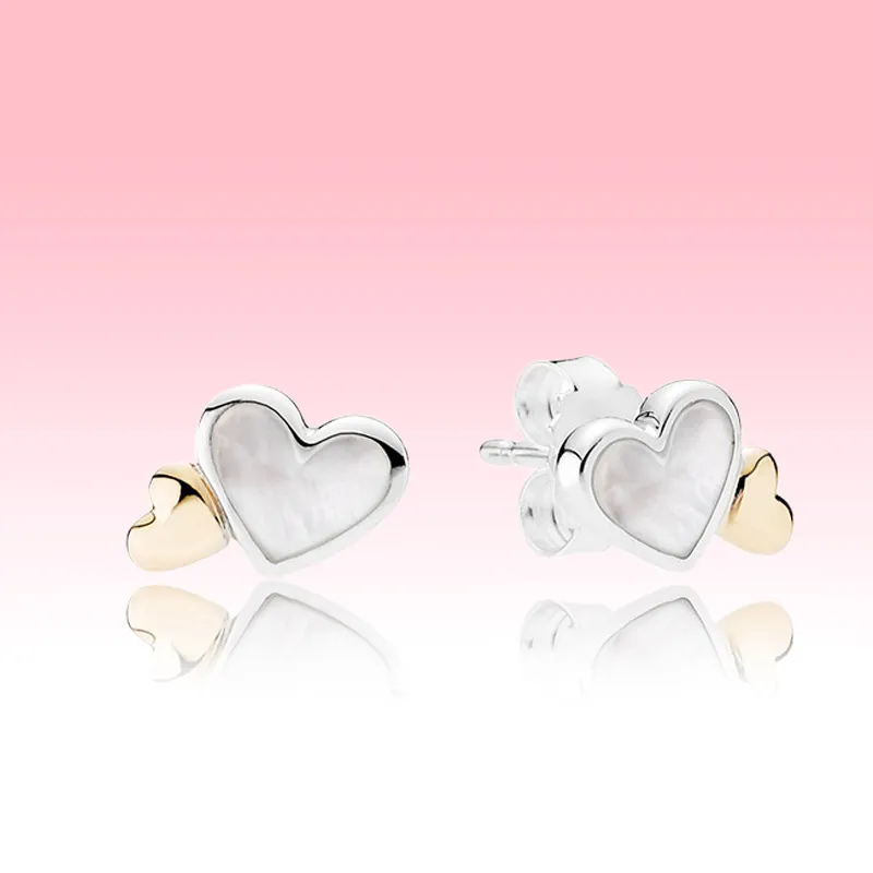 Yellow gold plated double Heart Stud Earring Women Girls summer Jewelry for Pandora 925 Silver Love hearts Earrings with Original box