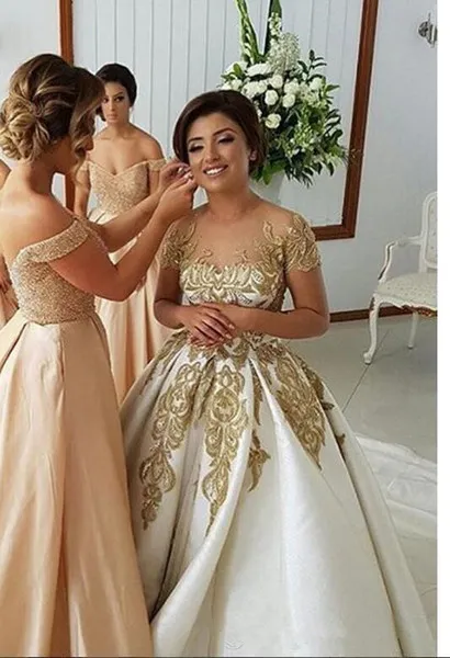 South African Gold Lace Applique A Line Wedding Dress with Short Sleeves  and Detachable Train from Dhgate A-Line Wedding Dresses - price 451.95