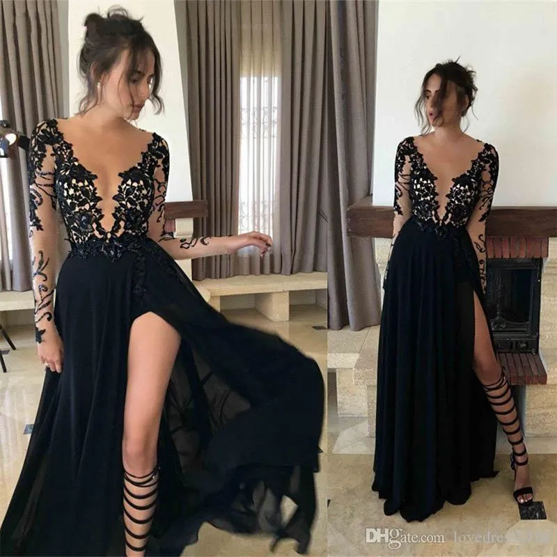 Black Chiffon High Side Split Sexy Prom Dresses Lace Applique Sheer Long Sleeves Formal Cocktail Party Evening Gowns ogstuff vestidos