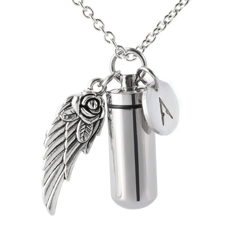 Bijoux de crémation 26 lettres Urne Collier pour Cendres avec Angel Wing Charm Cylindre En Acier Inoxydable Pendentif Mémorial