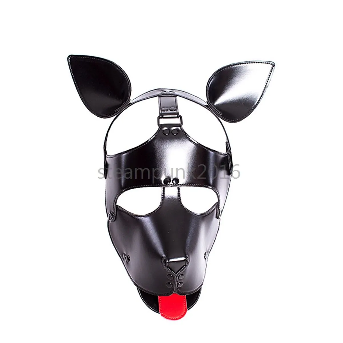 Bondage mignon microfibre cuir PU tête de chiot capuche rouge langue retenue préliminaires fantaisie # R45