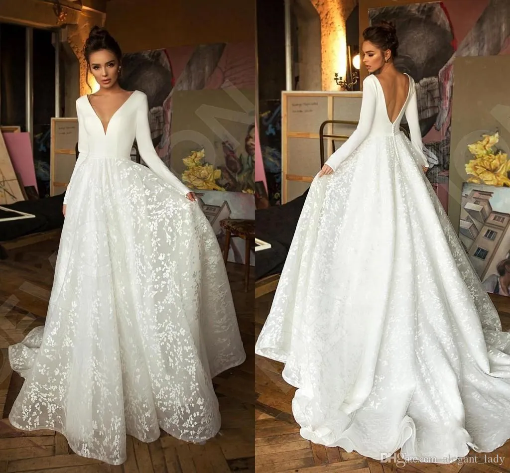 New Designer longos vestidos de casamento da luva Lace Mancha V-neck Princesa Andar do casamento do comprimento do vestido da noiva vestido V Backless Robe de mariee