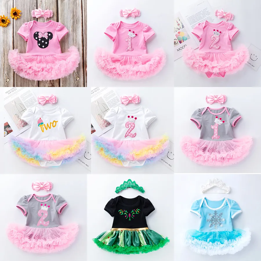 20 Styles Baby One-piece Dress Girl birthday Abbigliamento set Cotton Mesh Crawling Clothes Dress + fasce 2 pezzi / set tute neonato M1339